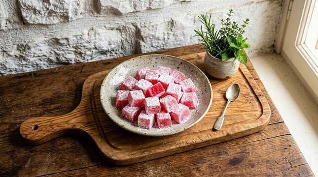 Greek Loukoum Turkish Delight Rose Flavour Dusted Icing Sugar Plate | Confectionery Stock Photo