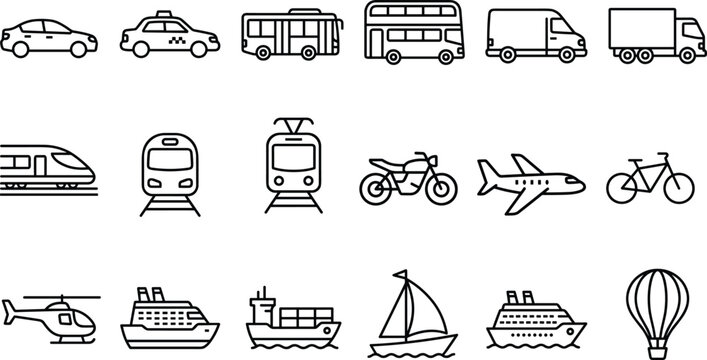 Minimalist public transport and travel vehicles line icon vector set featuring car bus train airplane ship motorcycle and hot air balloon
