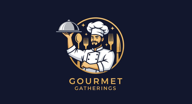 Professional chef serving elegant gourmet cuisine in a golden culinary emblem, perfect for high-end dining and restaurant branding