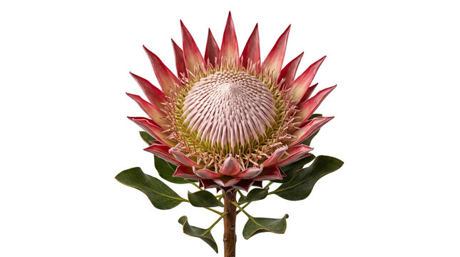 King Protea flower with pink petals and green leaves, exotic South African sugarbush bloom, tropical botanical floral element for wedding design isolated PNG with Transparent Background