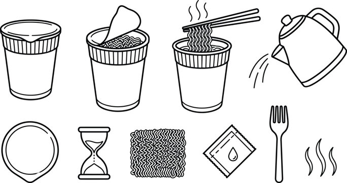 Instant Noodle and Food Preparation Vector Icon Set Featuring Cup Noodles, Hot Water, Cooking Utensils and Fast Meal Collection
