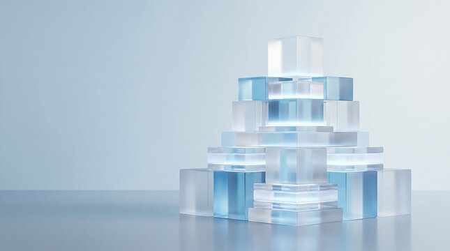 Abstract composition of stacked transparent glass cubes creating a pyramid structure with soft blue light reflections on a smooth grey surface