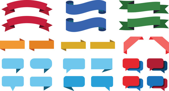 Ribbon banner and speech bubble tag icon set with colorful graphic design text template badges for retail sale presentation