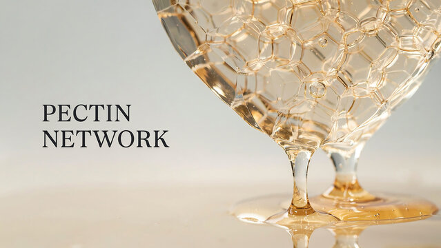 Pectin network gel substance oozing from decorative glassware on reflective surface light background