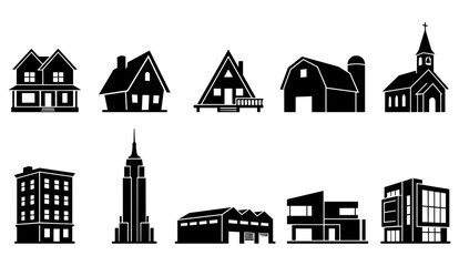 Fototapeta premium Buildings and Architecture Black Silhouette Set