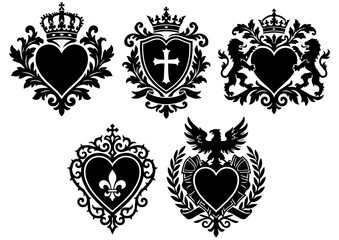 Obraz premium Royal Heart Crest Emblems Black Silhouette Set