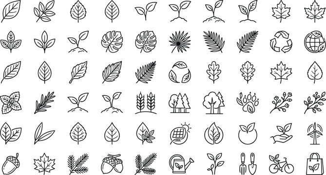 Minimalist ecology and botany vector line icon mega set featuring leaves sprouts trees and sustainability symbols on white background