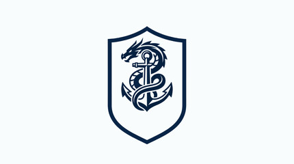 Obraz premium Nautical shield logo with dragon and anchor illustration.