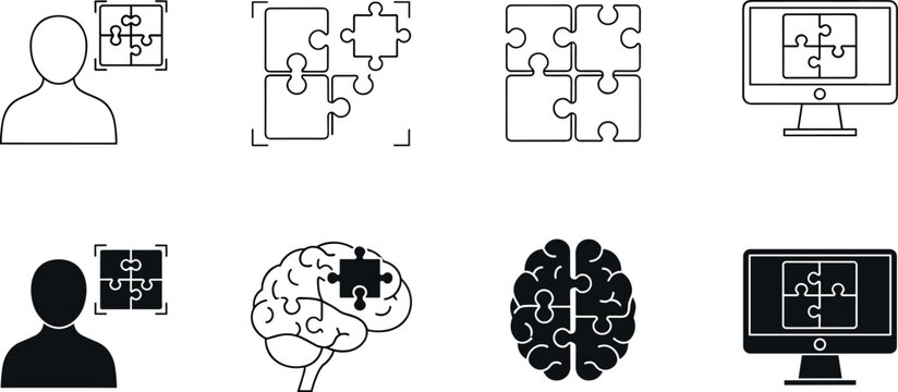 Business problem solving and logical thinking vector icon set featuring puzzle pieces human profiles computer monitors and brain symbols in line art and silhouette styles