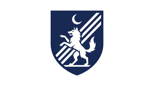 Navy blue heraldic shield crest with wolf and moon.