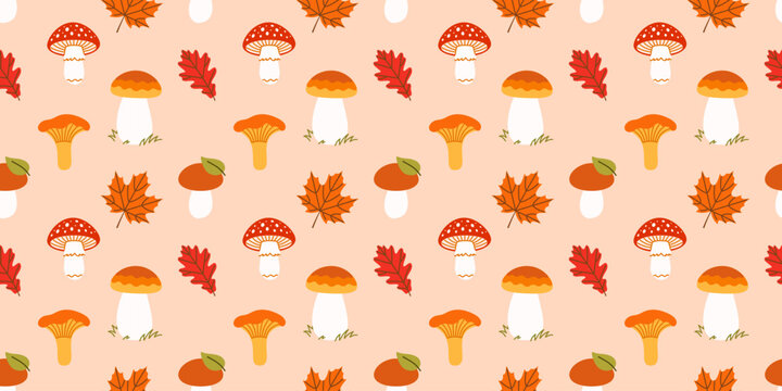 Seamless autumn pattern with wild forest mushrooms and colorful fall leaves.