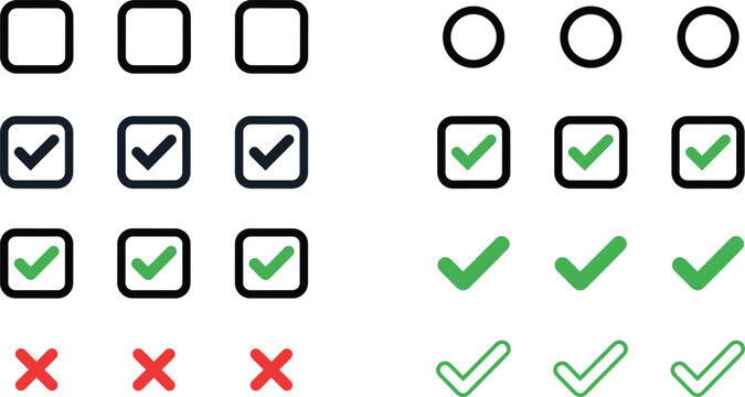 Checklist and form user interface icon set with checkmark cross mark checkbox radio button and tick vector elements