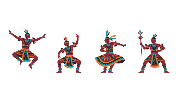 Four indigenous tribal dancers performing a traditional ritual dance in colorful ethnic costumes on a white background.