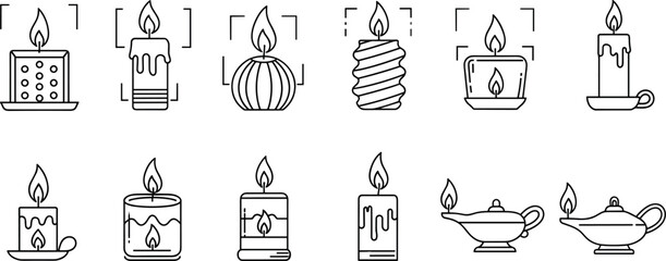 Decorative aromatic candle and oil lamp vector icon set featuring textured wax candles lanterns and magic aladdin lamps for home relaxation and spiritual lighting © MstSabera