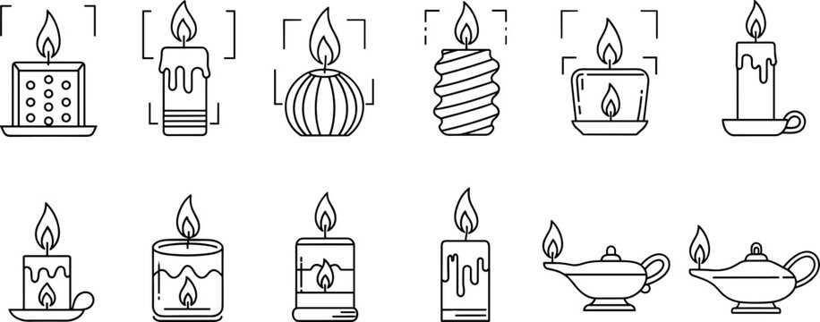 Decorative aromatic candle and oil lamp vector icon set featuring textured wax candles lanterns and magic aladdin lamps for home relaxation and spiritual lighting