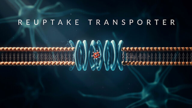 Reuptake transporter protein molecule in cell membrane neuroscience research concept with neurotransmitter reabsorption process  detailed scientific illustration