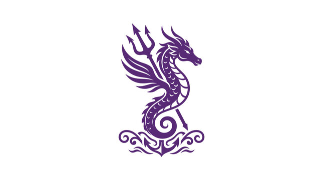 Purple mythical seahorse dragon holding trident emblem.