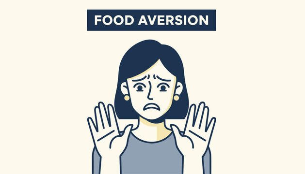 Distressed woman raises her hands in refusal under a food aversion sign, expressing disgust or appetite loss.
