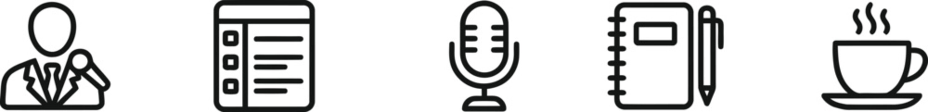 Line icons for podcasting interviewing and note taking icons set