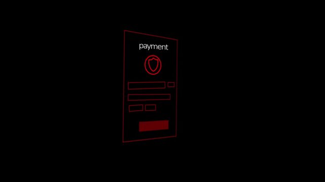 Digital payment form UI interface with red outline on black screen a stylized, glowing wireframe representation