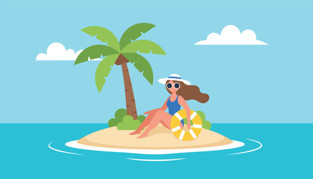 Young woman in a blue swimsuit relaxing on a tiny tropical island with a single palm tree and holding a yellow lifebuoy.