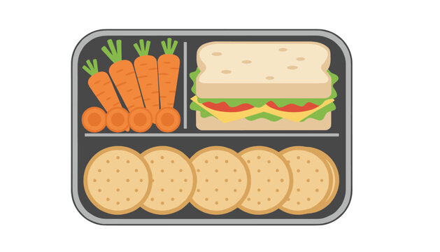 Healthy school lunch box tray filled with a fresh cheese sandwich, crunchy baby carrots, and round golden crackers.