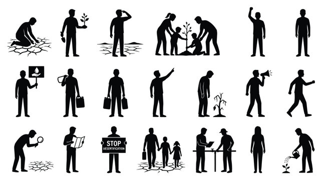 Human silhouettes protesting against desertification and planting trees for environment.
