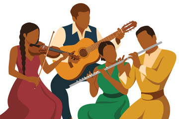 Fototapeta premium Diverse Group of Four Musicians Playing Classical and Folk Instruments Vector Illustration