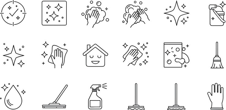 House cleaning and sanitary service vector icon set featuring spray bottles mops brooms washing hands and sparkling elements line art graphic collection