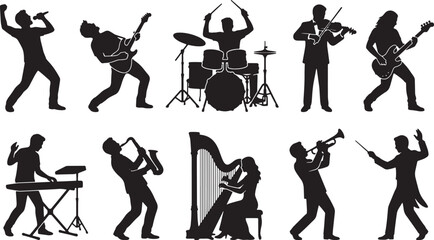 Premium Diverse Musician Silhouettes: Rock Band, Orchestra, Jazz Ensemble, 10 Vector Icons for Performance and Concert Themes © Mohaiminul