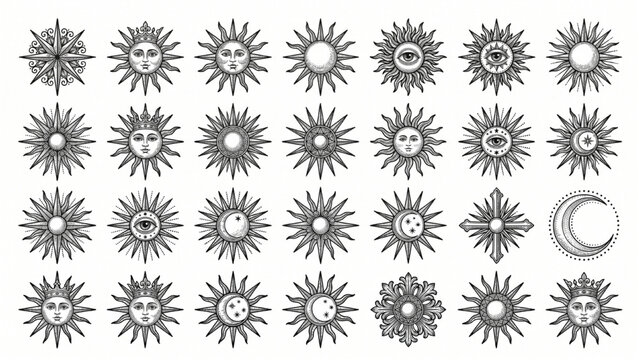 Engraved Tattoo Sunburst Collection Vector Set of Antique Inspired Radiant Designs Etched Ray Patterns and Ornamental Linework Elements