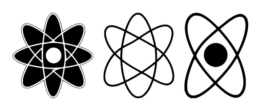 Solid black icon, white background: quantum computing qubit atom set with simple line art design featuring sketches, drawings, vector graphics with minimalist and simple illustrations