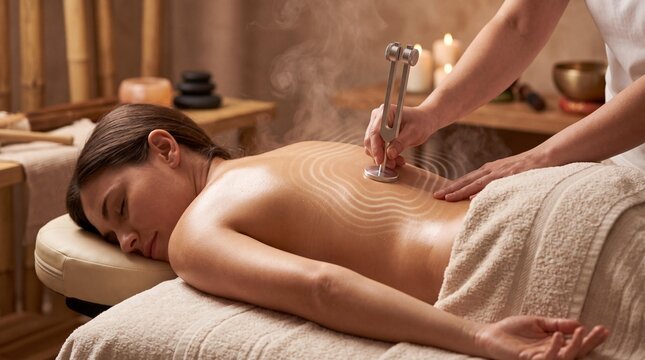 Woman receiving vibrational sound therapy with tuning fork on her back at a spa