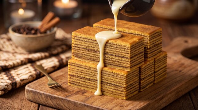Traditional Indonesian Lapis Legit layer cake with sweet condensed milk pouring
