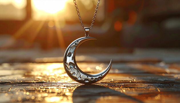 Close up of crescent moon pendant necklace under warm sunlight