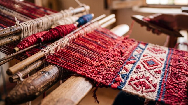 Traditional hand weaving of cochineal dyed red textile on a backstrap loom