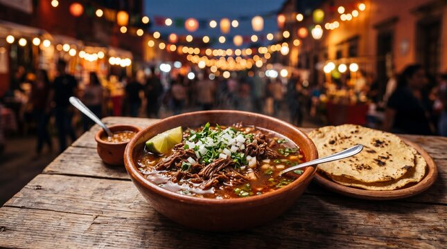 Traditional Mexican birria beef stew with tortillas on a rustic table at night
