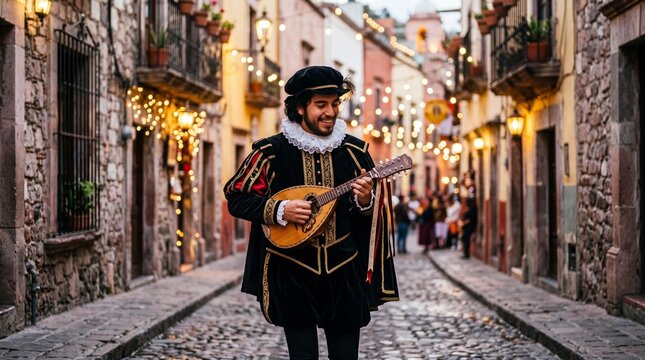 Estudiantina musician in Spanish costume playing mandolin in Guanajuato alley