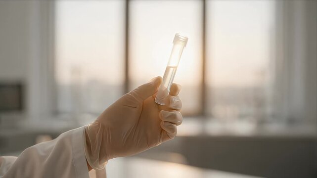 CRISPR gene therapy Gloved hand holding test tube sample in laboratory, lab coat sleeve in warm window light, medical research scientist close up in clean clinical biotech setting, sterile care