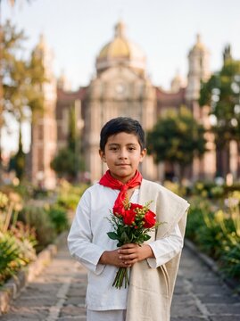 Boy in traditional Juan Diego costume holding red roses at Guadalupe Basilica