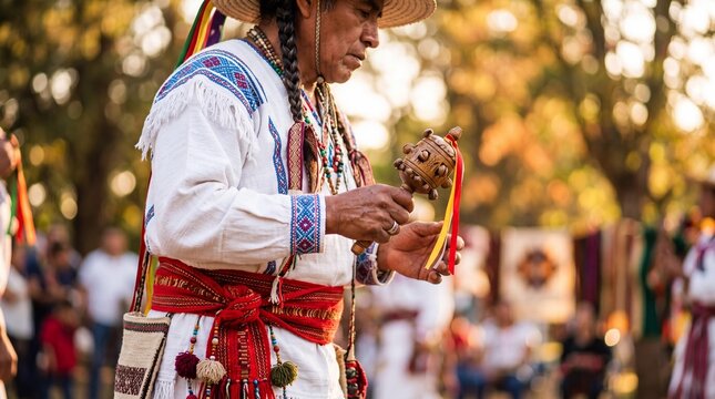 Indigenous Mexican dancer preparing for a sacred ceremony holding a rattle