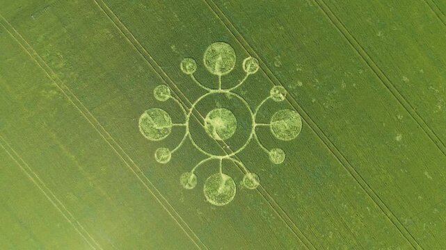 Aerial rise/fall footage of a mysterious, intricate, geometric crop art, crop circle formation in a barley field near White Sheet Hill, White Sheet Downs, Mere, Wiltshire, England, UK; 22 May 2026