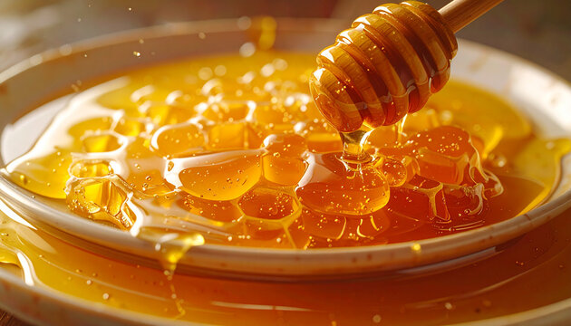 Close up of golden honey dripping from a wooden dipper onto a ceramic plate