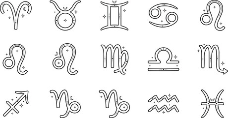 Zodiac signs astrology line icon set with celestial horoscope symbols including aries taurus gemini leo and scorpio vector elements © REYAD