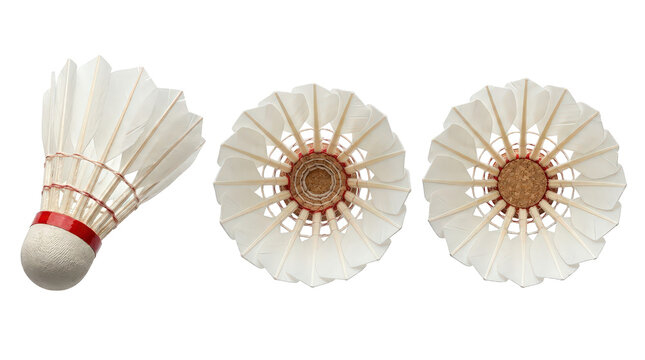 Clear visualization showing three shuttlecocks on white isolated for versatile use