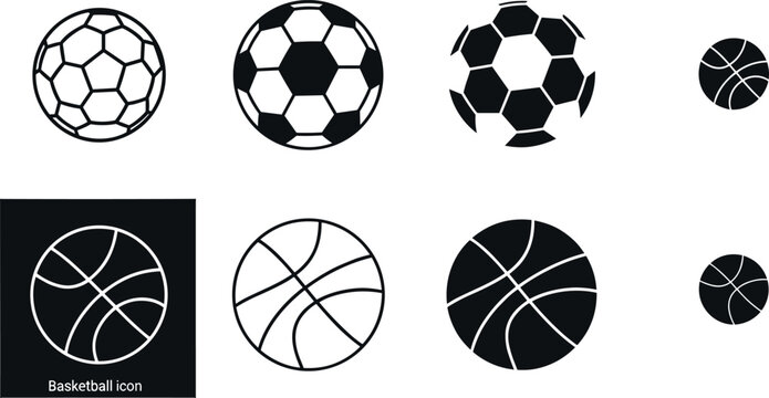 Soccer and basketball sports ball vector icon set featuring traditional geometric panel textures in minimalist thin line art and solid silhouette graphic styles