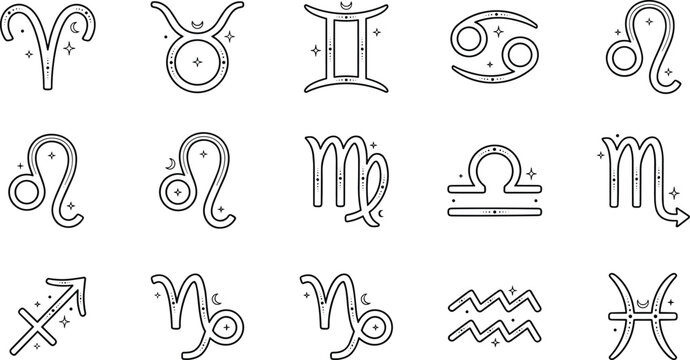 Zodiac signs astrology line icon set with celestial horoscope symbols including aries taurus gemini leo and scorpio vector elements