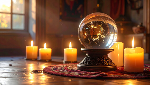 Crystal ball with candles on a table for divination and fortune telling