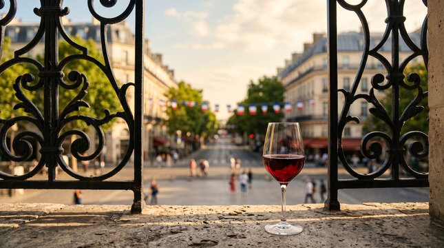 Classic iron French balcony railing, golden Parisian summer street with glass of Bordeaux wine in Bastille day