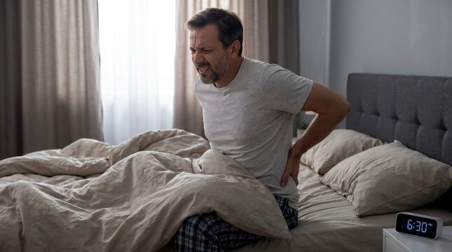 man suffering from back pain from bad night sleep
